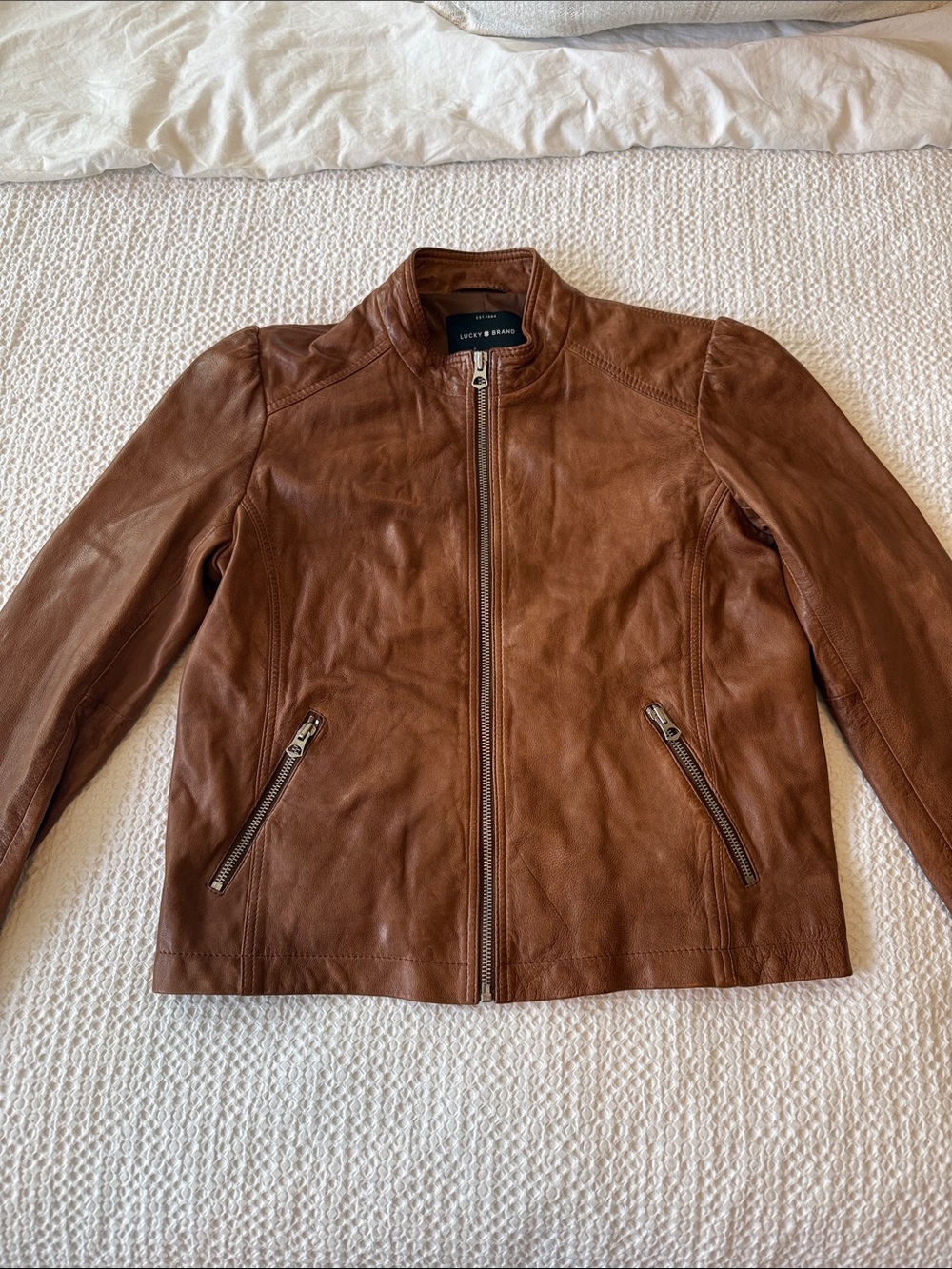 Lucky Brand Cognac Brown Leather Zip Jacket